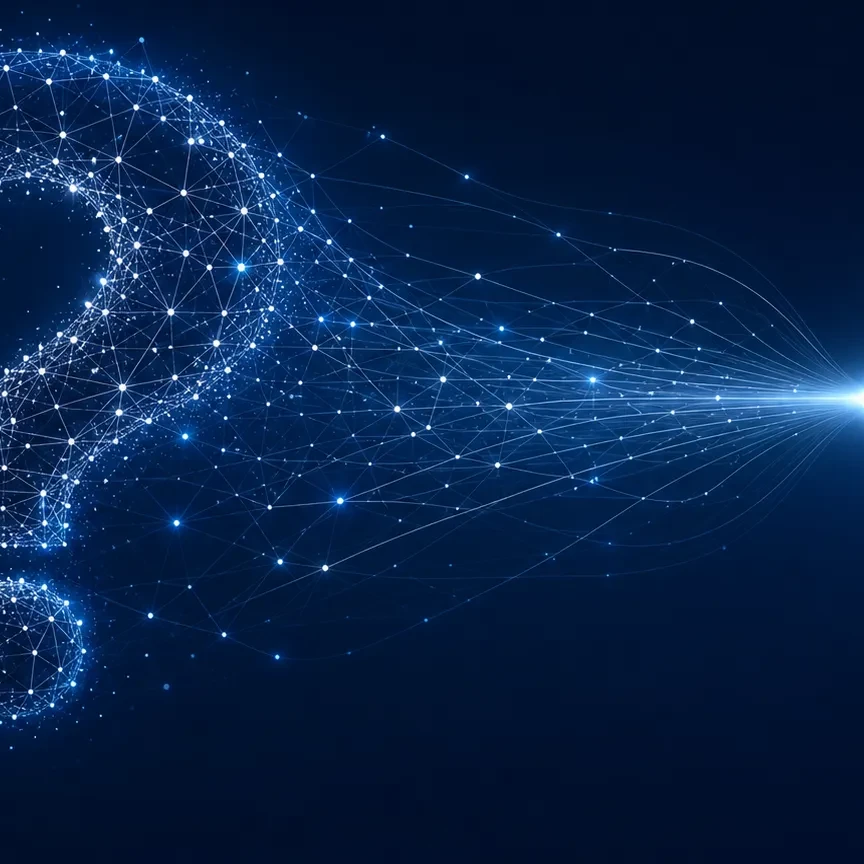 Glowing network question mark resolving into a checkmark, illustrating answer engine optimization (AEO)