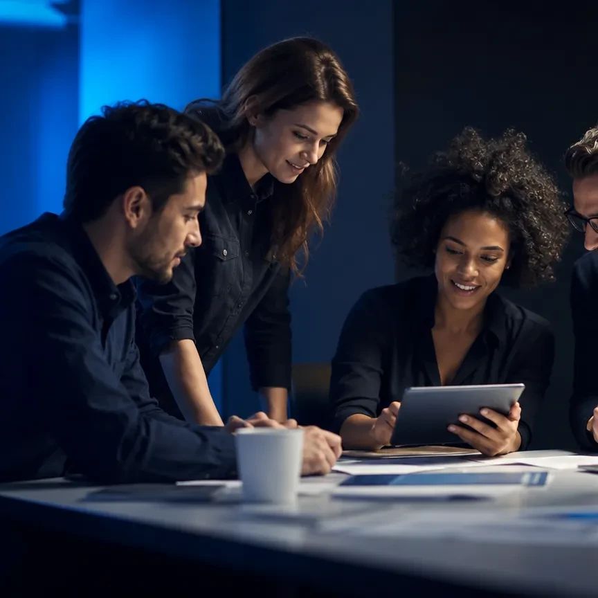 Marketing strategists reviewing AI search results together on a tablet in a blue-lit office