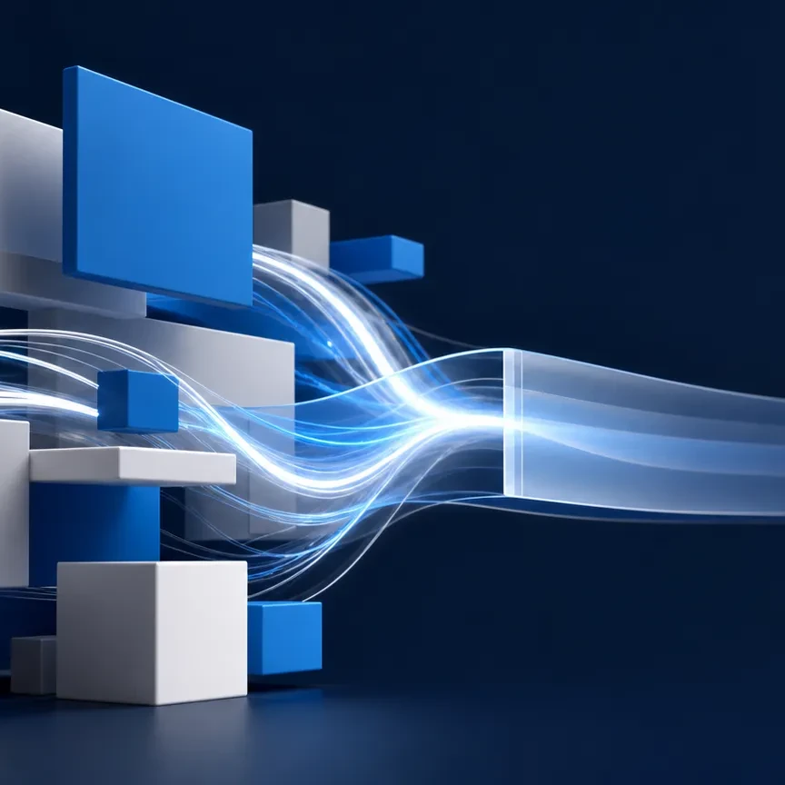 Blue and white 3D content blocks flowing into a generative stream, illustrating generative engine optimization (GEO)