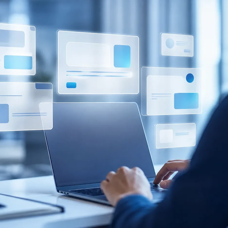 Marketer at a laptop with floating AI answer interface panels representing modern AI search optimization