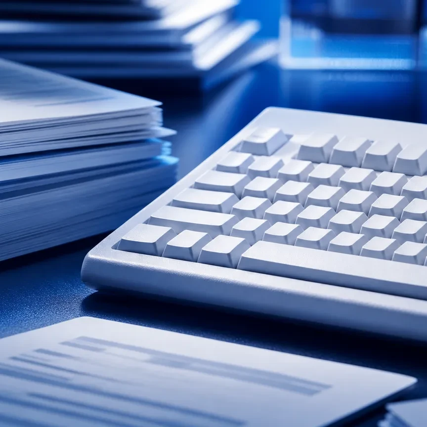Blue-toned keyboard and stacks of printed reports representing early search engine optimization work