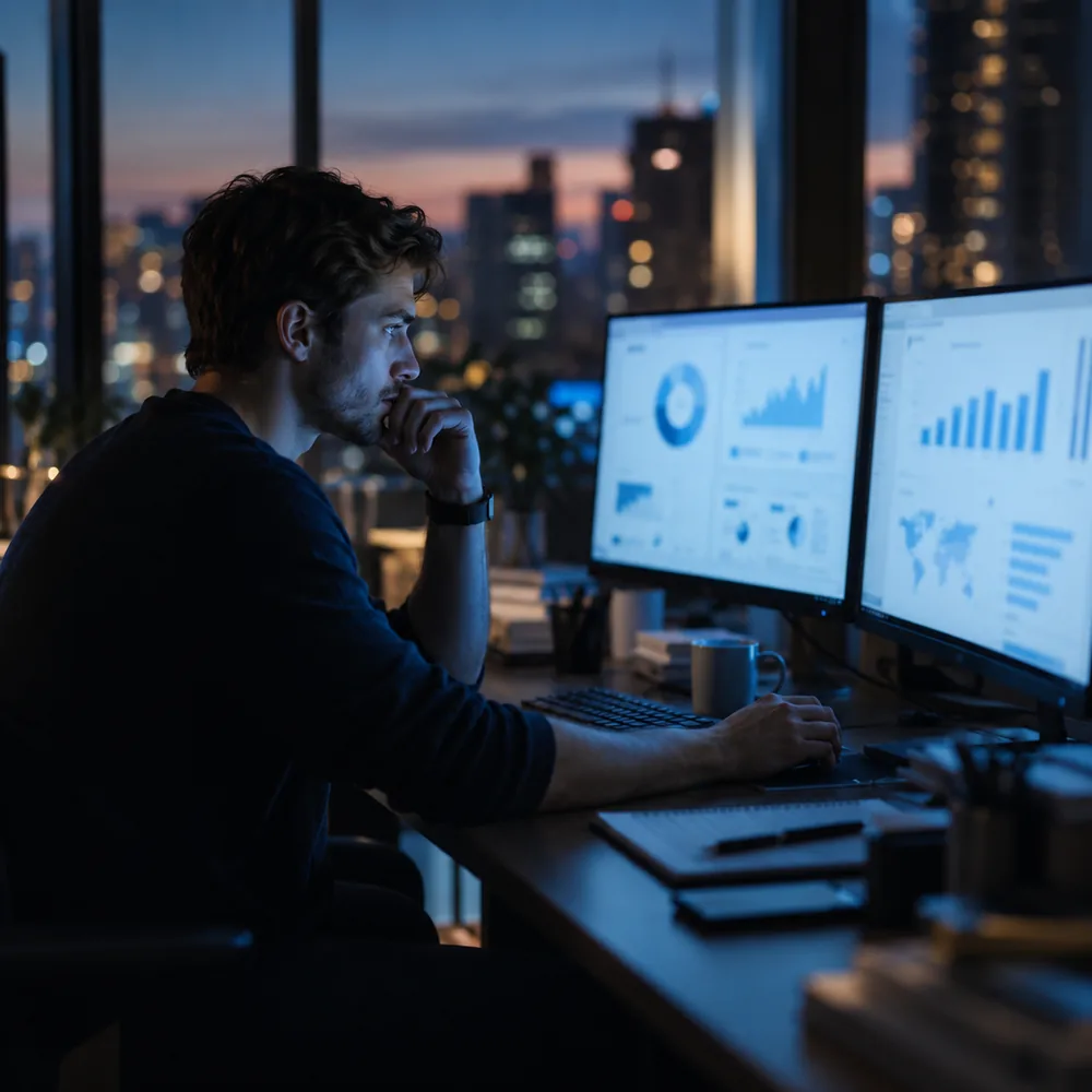 Marketer reviewing campaigns at a desk