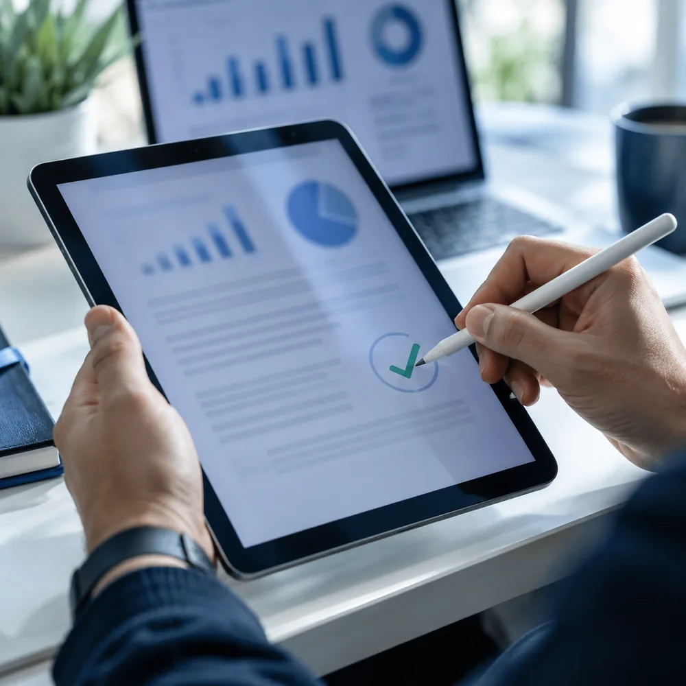 Approving marketing work on a tablet